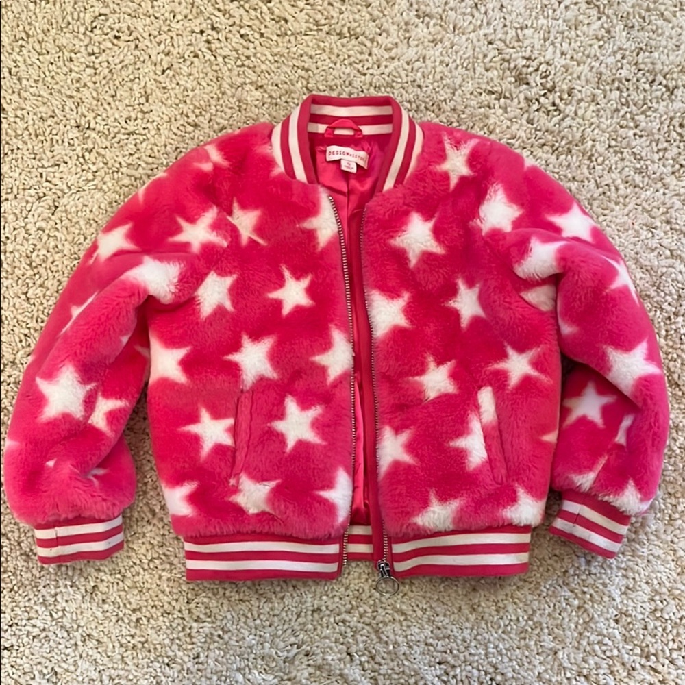 Design History | Stars Pink & White Thick Fuzzy Bomber Jacket